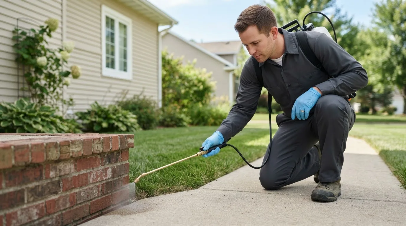 Pest control technician treating a home near Atka, AK